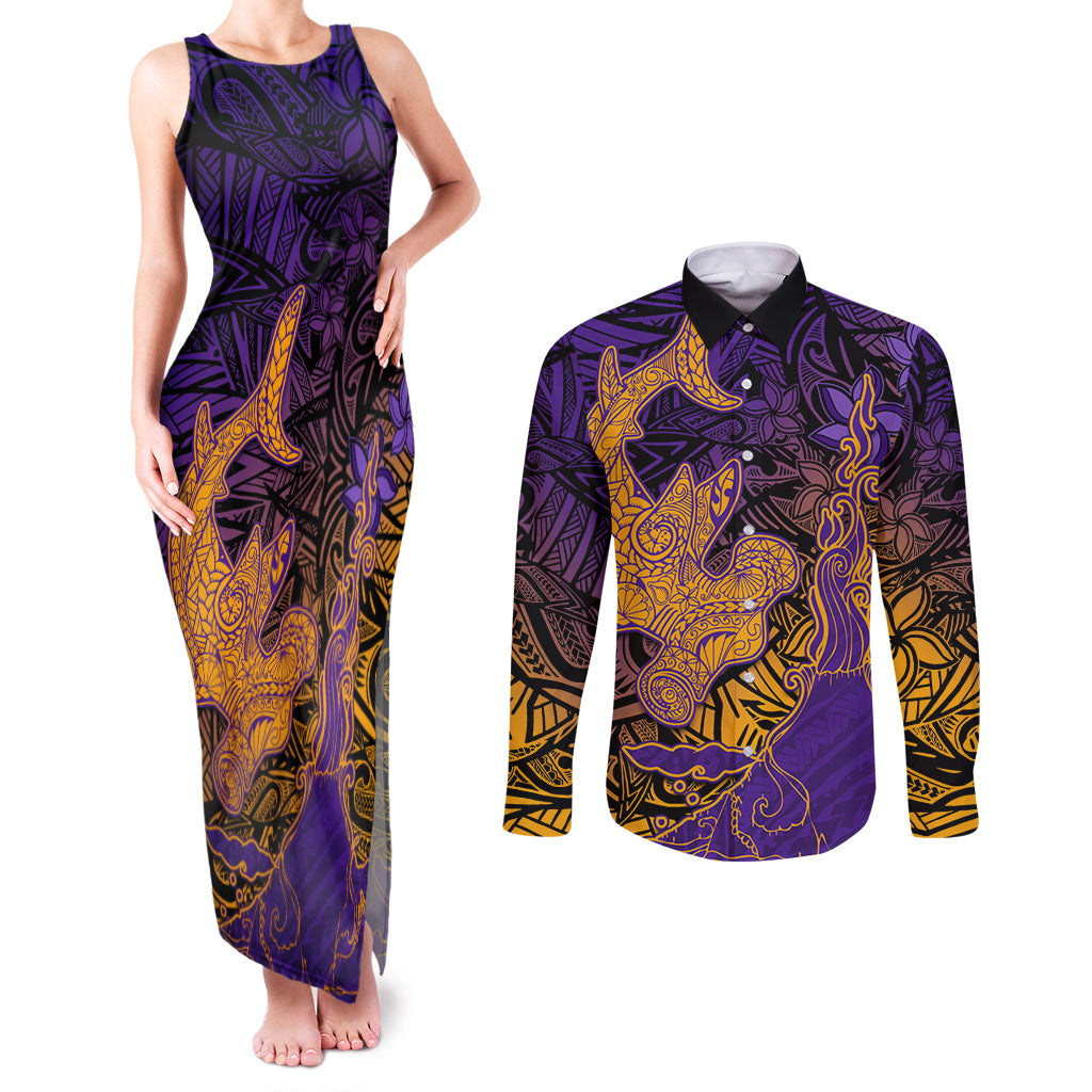 Hawaiian Volcano and Shark Couples Matching Tank Maxi Dress and Long Sleeve Button Shirt Polynesian and Hibiscus Pattern Purple Yellow Gradient LT03 Purple - Polynesian Pride