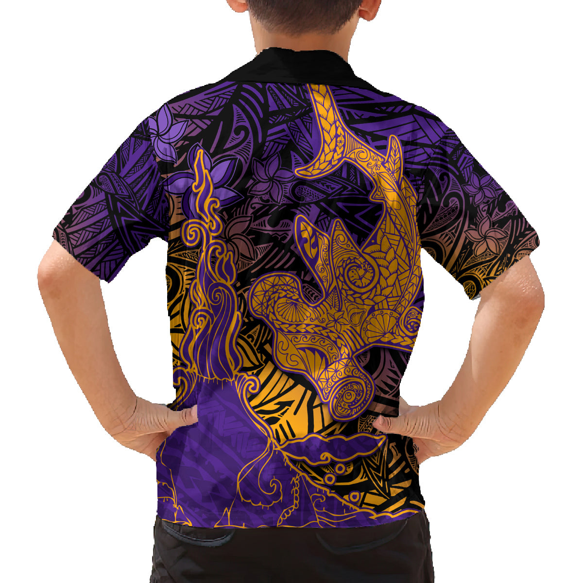 Hawaiian Volcano and Shark Family Matching Long Sleeve Bodycon Dress and Hawaiian Shirt Polynesian and Hibiscus Pattern Purple Yellow Gradient LT03 - Polynesian Pride
