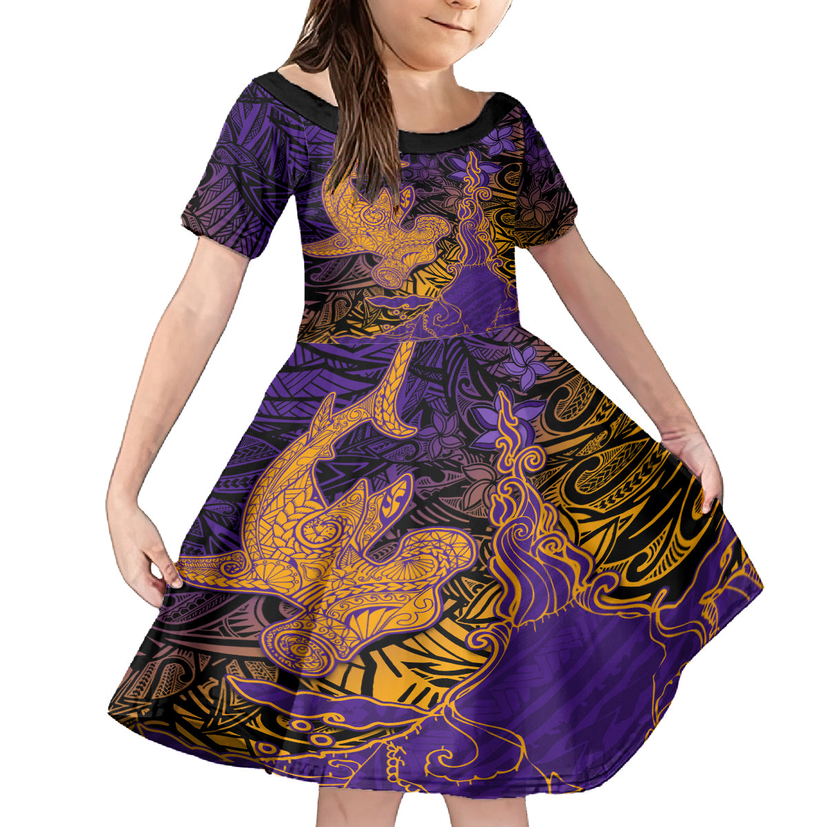 Hawaiian Volcano and Shark Family Matching Long Sleeve Bodycon Dress and Hawaiian Shirt Polynesian and Hibiscus Pattern Purple Yellow Gradient LT03 Daughter's Dress Purple - Polynesian Pride