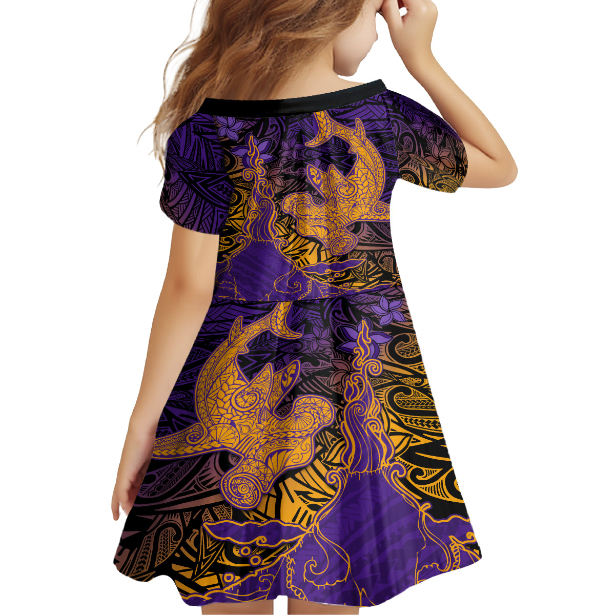 Hawaiian Volcano and Shark Family Matching Long Sleeve Bodycon Dress and Hawaiian Shirt Polynesian and Hibiscus Pattern Purple Yellow Gradient LT03 - Polynesian Pride