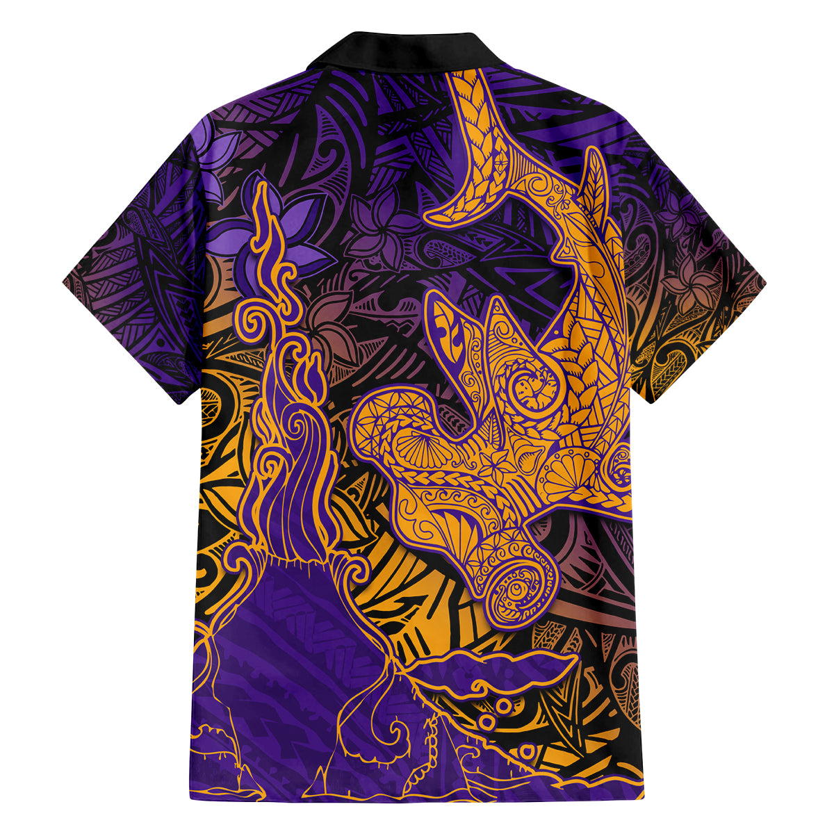 Hawaiian Volcano and Shark Family Matching Long Sleeve Bodycon Dress and Hawaiian Shirt Polynesian and Hibiscus Pattern Purple Yellow Gradient LT03 - Polynesian Pride