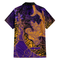Hawaiian Volcano and Shark Family Matching Long Sleeve Bodycon Dress and Hawaiian Shirt Polynesian and Hibiscus Pattern Purple Yellow Gradient LT03 - Polynesian Pride