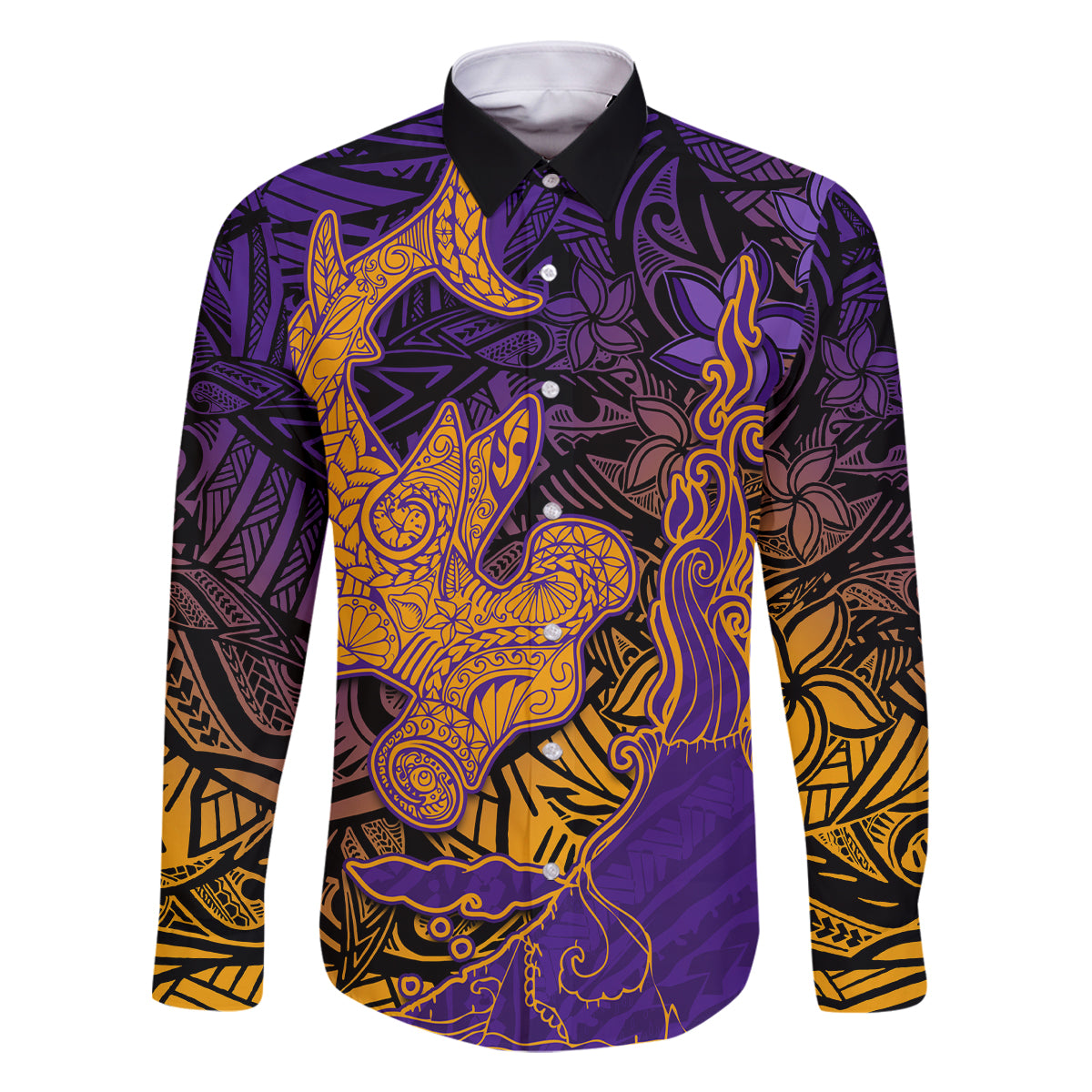 Hawaiian Volcano and Shark Family Matching Long Sleeve Bodycon Dress and Hawaiian Shirt Polynesian and Hibiscus Pattern Purple Yellow Gradient LT03 Dad's Shirt - Long Sleeve Purple - Polynesian Pride