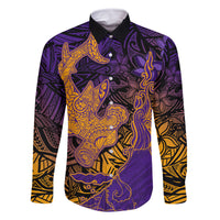 Hawaiian Volcano and Shark Family Matching Long Sleeve Bodycon Dress and Hawaiian Shirt Polynesian and Hibiscus Pattern Purple Yellow Gradient LT03 Dad's Shirt - Long Sleeve Purple - Polynesian Pride