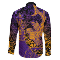 Hawaiian Volcano and Shark Family Matching Long Sleeve Bodycon Dress and Hawaiian Shirt Polynesian and Hibiscus Pattern Purple Yellow Gradient LT03 - Polynesian Pride