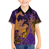 Hawaiian Volcano and Shark Family Matching Long Sleeve Bodycon Dress and Hawaiian Shirt Polynesian and Hibiscus Pattern Purple Yellow Gradient LT03 Son's Shirt Purple - Polynesian Pride