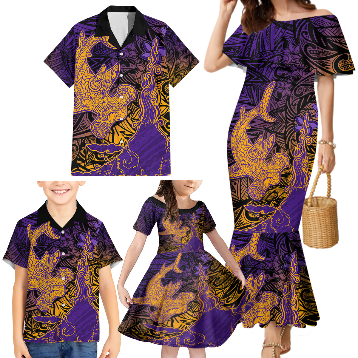 Hawaiian Volcano and Shark Family Matching Mermaid Dress and Hawaiian Shirt Polynesian and Hibiscus Pattern Purple Yellow Gradient