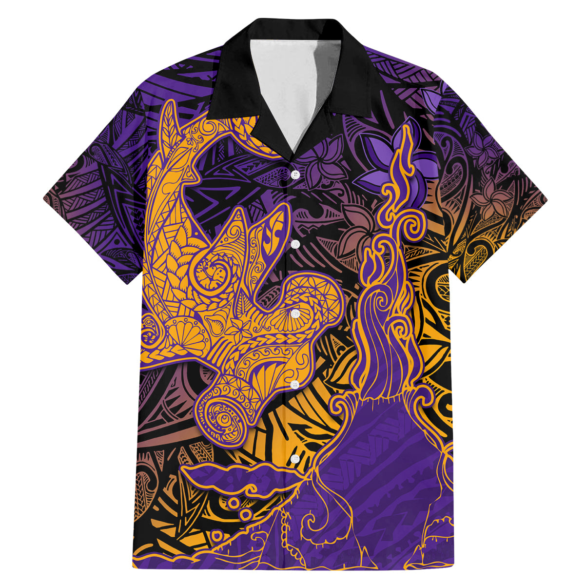 Hawaiian Volcano and Shark Family Matching Mermaid Dress and Hawaiian Shirt Polynesian and Hibiscus Pattern Purple Yellow Gradient