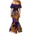 Hawaiian Volcano and Shark Family Matching Mermaid Dress and Hawaiian Shirt Polynesian and Hibiscus Pattern Purple Yellow Gradient