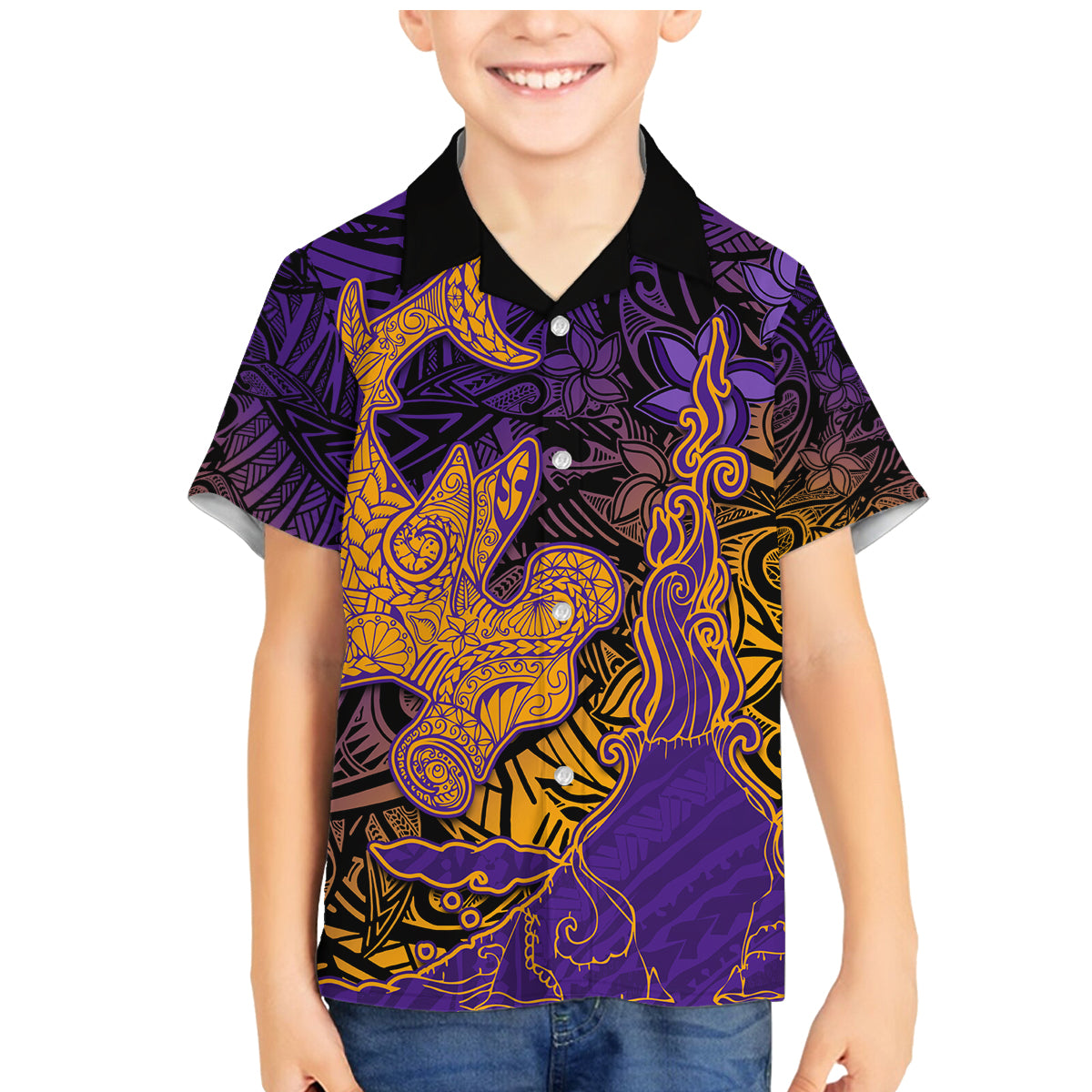 Hawaiian Volcano and Shark Family Matching Mermaid Dress and Hawaiian Shirt Polynesian and Hibiscus Pattern Purple Yellow Gradient