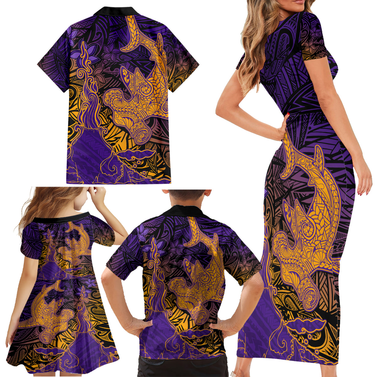 Hawaiian Volcano and Shark Family Matching Short Sleeve Bodycon Dress and Hawaiian Shirt Polynesian and Hibiscus Pattern Purple Yellow Gradient