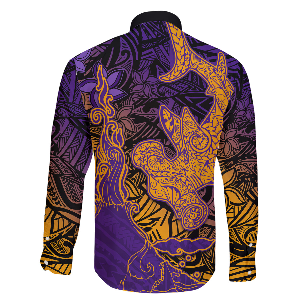 Hawaiian Volcano and Shark Family Matching Short Sleeve Bodycon Dress and Hawaiian Shirt Polynesian and Hibiscus Pattern Purple Yellow Gradient
