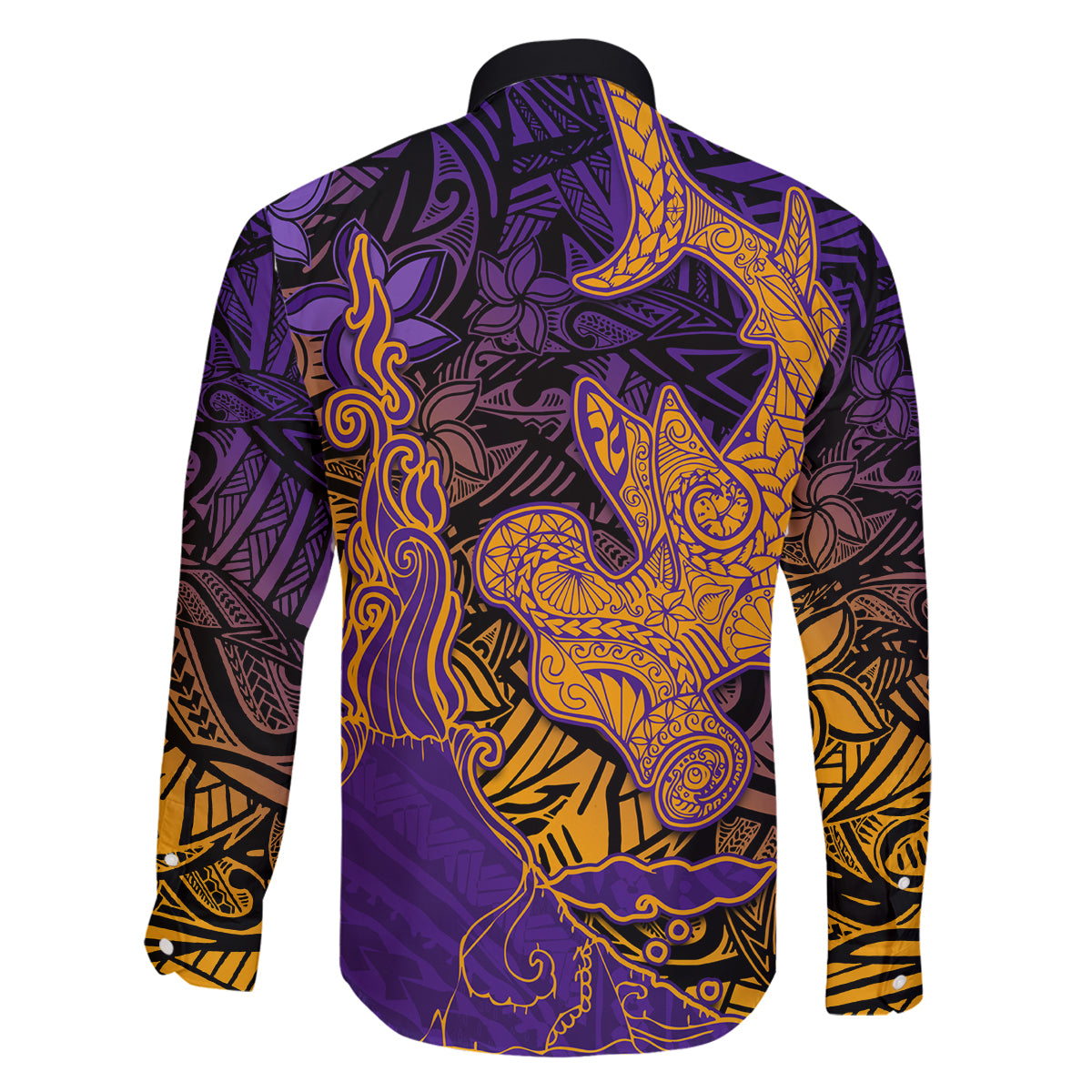 Hawaiian Volcano and Shark Family Matching Summer Maxi Dress and Hawaiian Shirt Polynesian and Hibiscus Pattern Purple Yellow Gradient