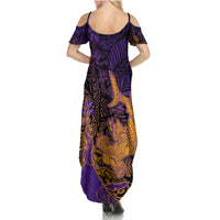 Hawaiian Volcano and Shark Family Matching Summer Maxi Dress and Hawaiian Shirt Polynesian and Hibiscus Pattern Purple Yellow Gradient