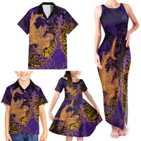 Hawaiian Volcano and Shark Family Matching Tank Maxi Dress and Hawaiian Shirt Polynesian and Hibiscus Pattern Purple Yellow Gradient