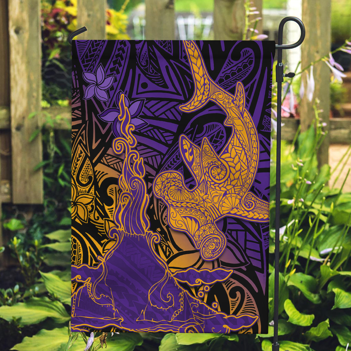 Hawaiian Volcano and Shark Garden Flag Polynesian and Hibiscus Pattern Purple Yellow Gradient LT03 Garden Flag Purple - Polynesian Pride