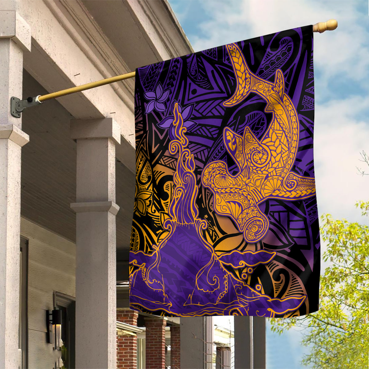 Hawaiian Volcano and Shark Garden Flag Polynesian and Hibiscus Pattern Purple Yellow Gradient LT03 House Flag Purple - Polynesian Pride