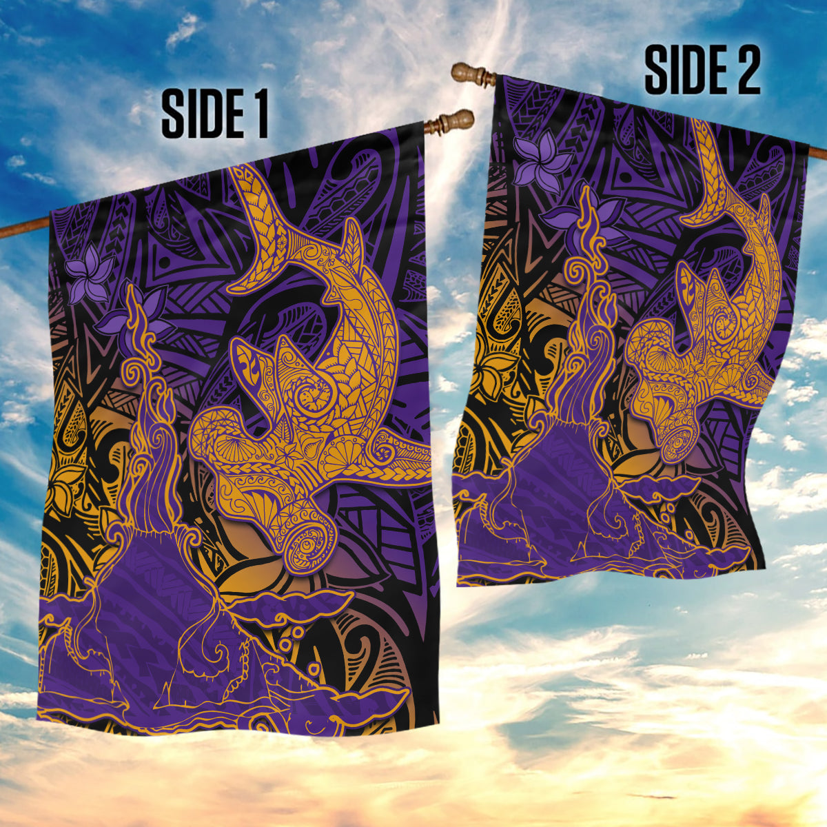 Hawaiian Volcano and Shark Garden Flag Polynesian and Hibiscus Pattern Purple Yellow Gradient LT03 - Polynesian Pride