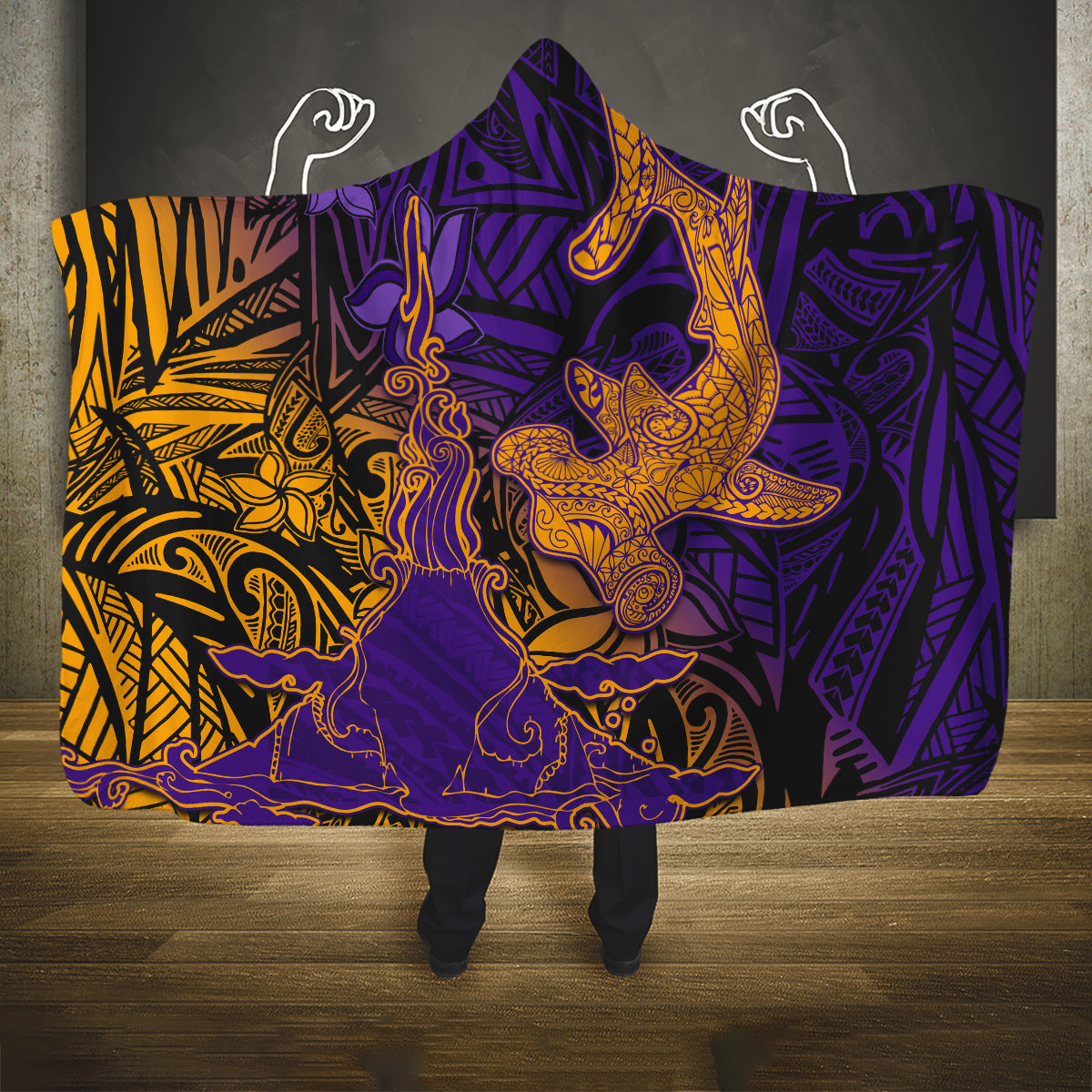 Hawaiian Volcano and Shark Hooded Blanket Polynesian and Hibiscus Pattern Purple Yellow Gradient LT03 One Size Purple - Polynesian Pride