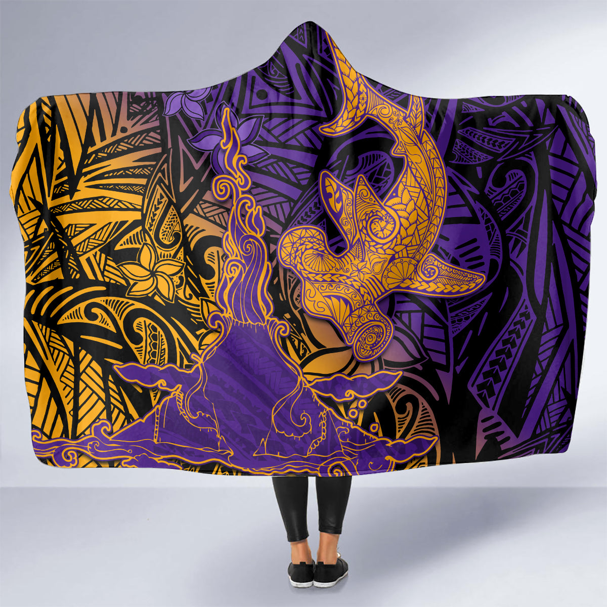 Hawaiian Volcano and Shark Hooded Blanket Polynesian and Hibiscus Pattern Purple Yellow Gradient LT03 - Polynesian Pride