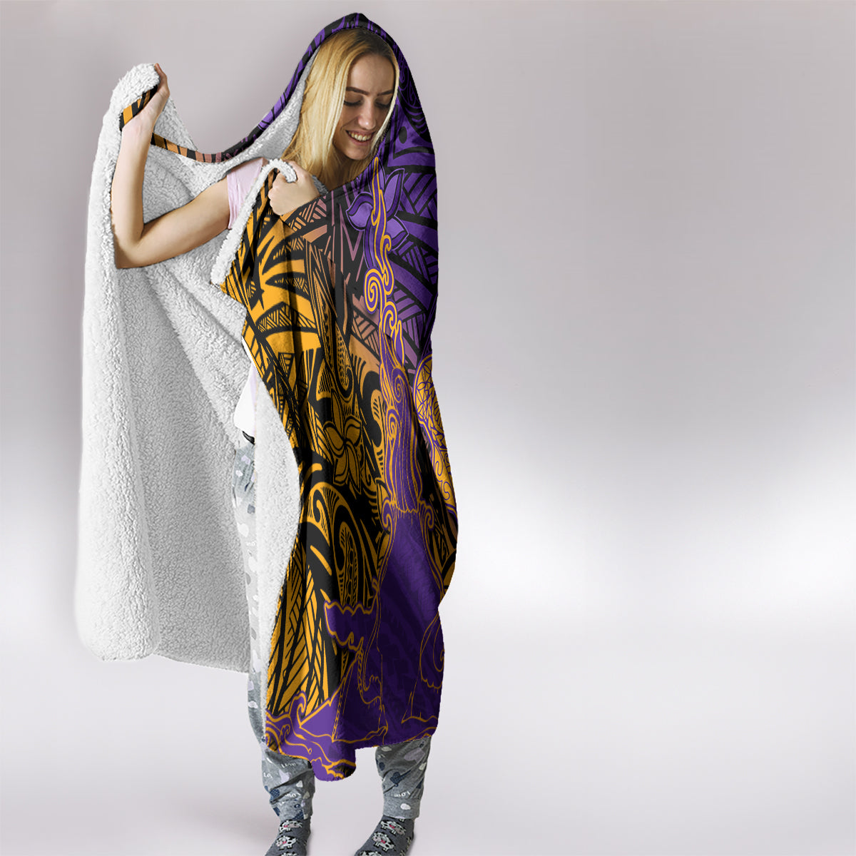 Hawaiian Volcano and Shark Hooded Blanket Polynesian and Hibiscus Pattern Purple Yellow Gradient LT03 - Polynesian Pride
