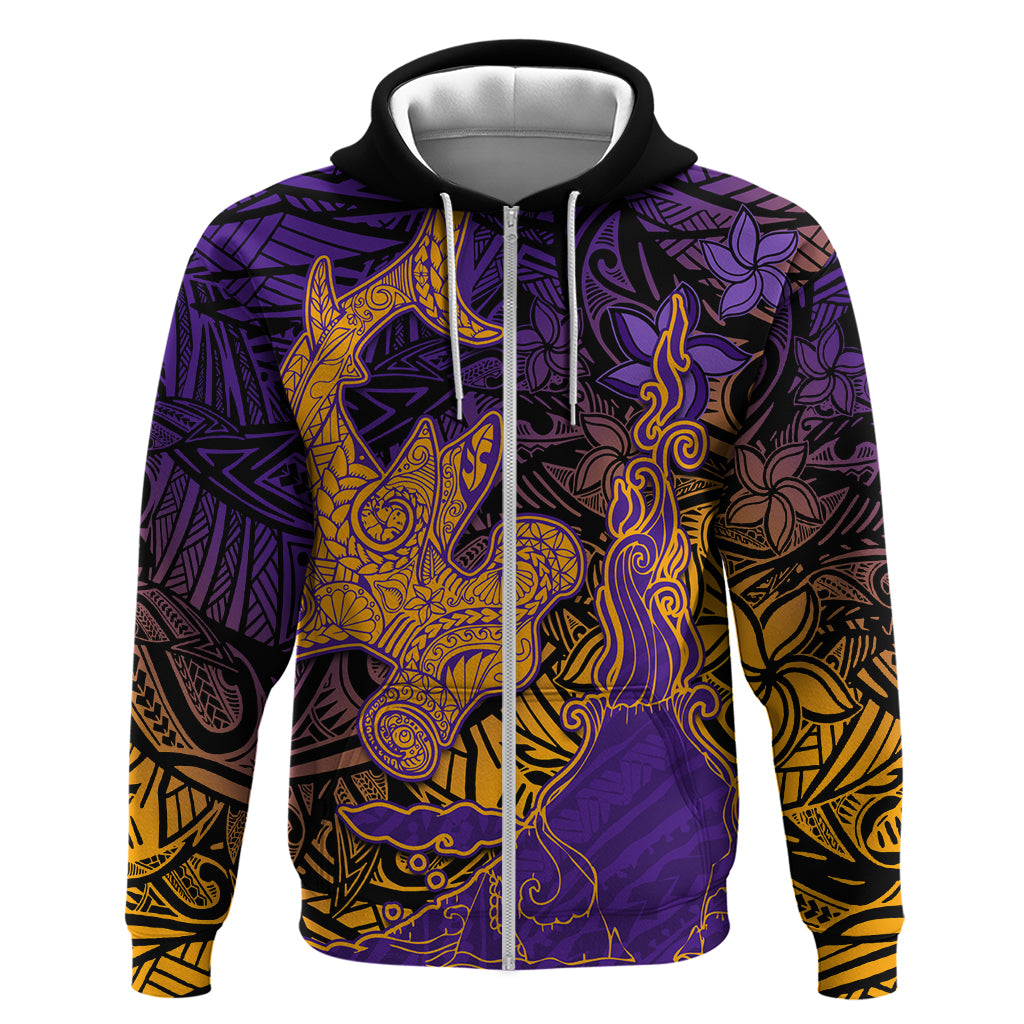 Hawaiian Volcano and Shark Hoodie Polynesian and Hibiscus Pattern Purple Yellow Gradient