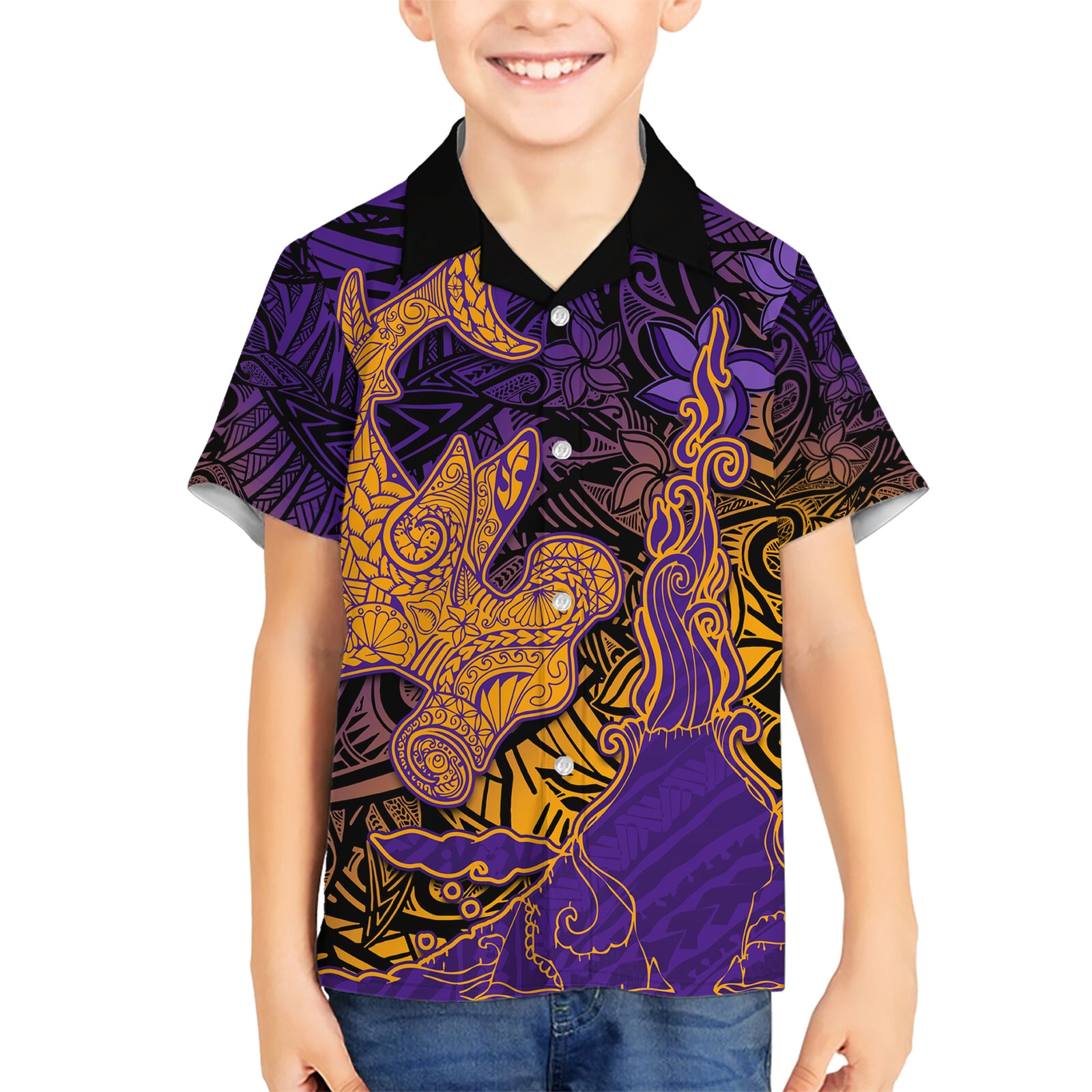 Hawaiian Volcano and Shark Kid Hawaiian Shirt Polynesian and Hibiscus Pattern Purple Yellow Gradient LT03 Kid Purple - Polynesian Pride