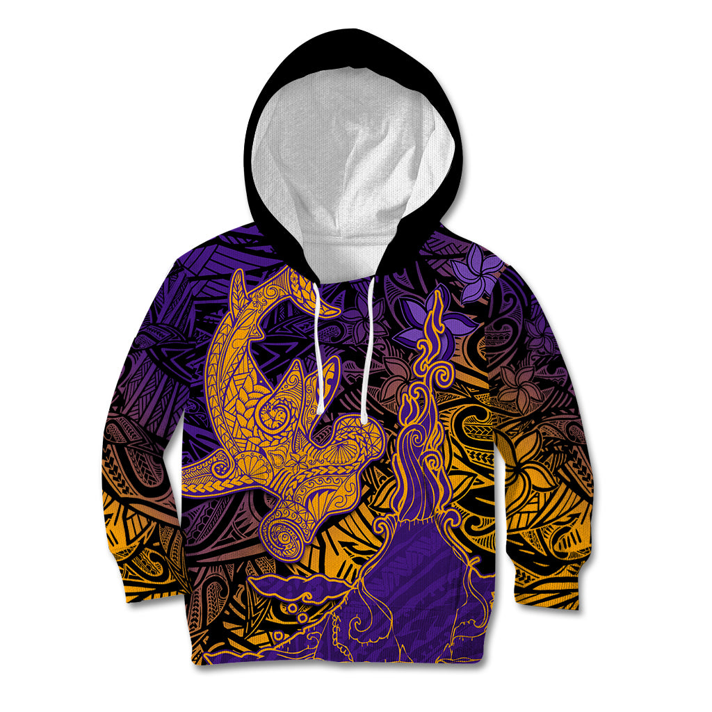 Hawaiian Volcano and Shark Kid Hoodie Polynesian and Hibiscus Pattern Purple Yellow Gradient LT03 Hoodie Purple - Polynesian Pride
