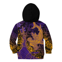 Hawaiian Volcano and Shark Kid Hoodie Polynesian and Hibiscus Pattern Purple Yellow Gradient