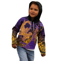 Hawaiian Volcano and Shark Kid Hoodie Polynesian and Hibiscus Pattern Purple Yellow Gradient