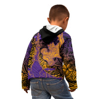 Hawaiian Volcano and Shark Kid Hoodie Polynesian and Hibiscus Pattern Purple Yellow Gradient