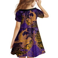 Hawaiian Volcano and Shark Kid Short Sleeve Dress Polynesian and Hibiscus Pattern Purple Yellow Gradient