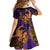 Hawaiian Volcano and Shark Kid Short Sleeve Dress Polynesian and Hibiscus Pattern Purple Yellow Gradient