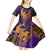 Hawaiian Volcano and Shark Kid Short Sleeve Dress Polynesian and Hibiscus Pattern Purple Yellow Gradient