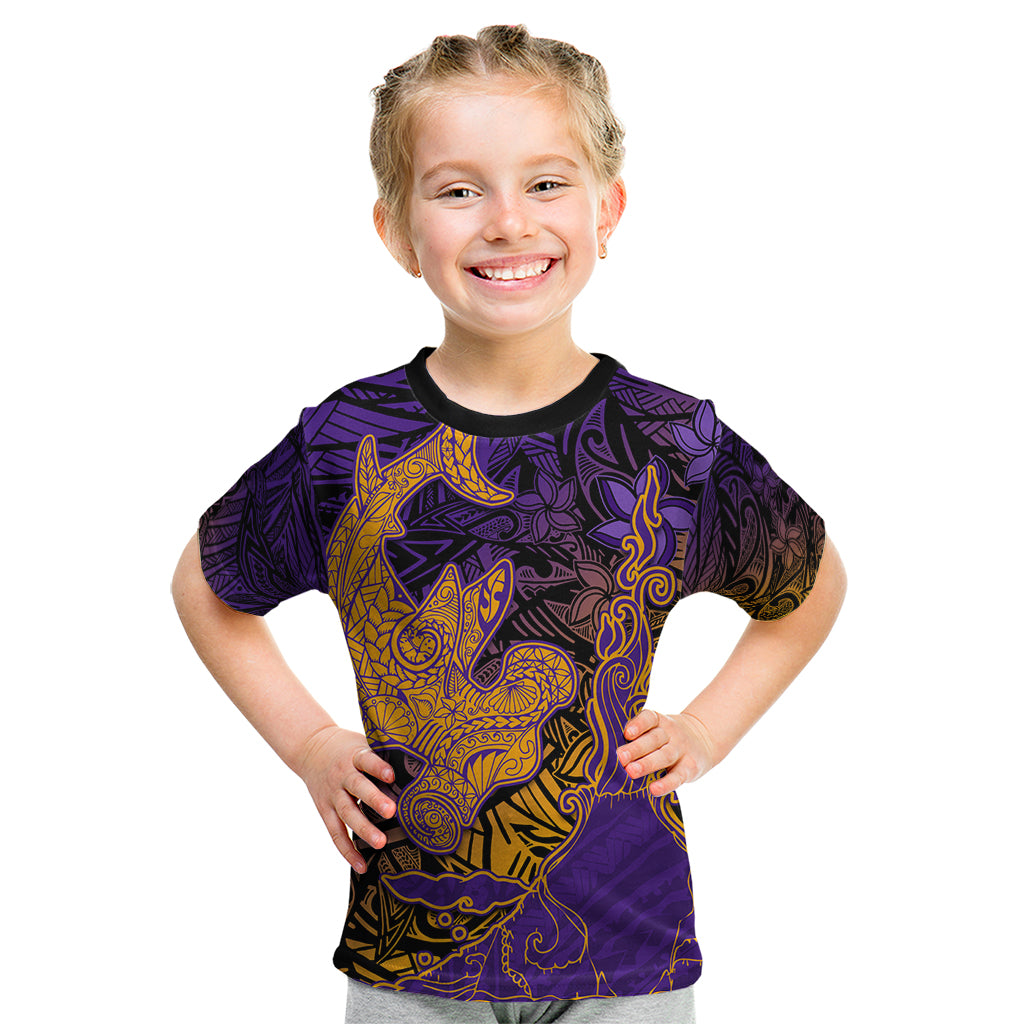 Hawaiian Volcano and Shark Kid T Shirt Polynesian and Hibiscus Pattern Purple Yellow Gradient