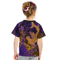 Hawaiian Volcano and Shark Kid T Shirt Polynesian and Hibiscus Pattern Purple Yellow Gradient