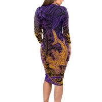Hawaiian Volcano and Shark Long Sleeve Bodycon Dress Polynesian and Hibiscus Pattern Purple Yellow Gradient