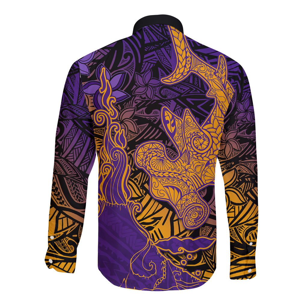Hawaiian Volcano and Shark Long Sleeve Button Shirt Polynesian and Hibiscus Pattern Purple Yellow Gradient