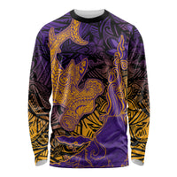 Hawaiian Volcano and Shark Long Sleeve Shirt Polynesian and Hibiscus Pattern Purple Yellow Gradient
