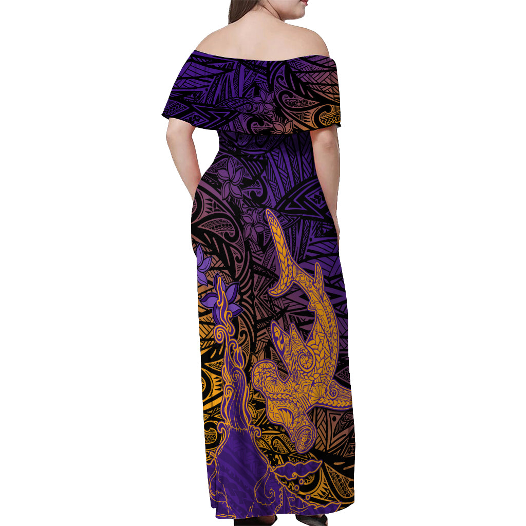 Hawaiian Volcano and Shark Off Shoulder Maxi Dress Polynesian and Hibiscus Pattern Purple Yellow Gradient