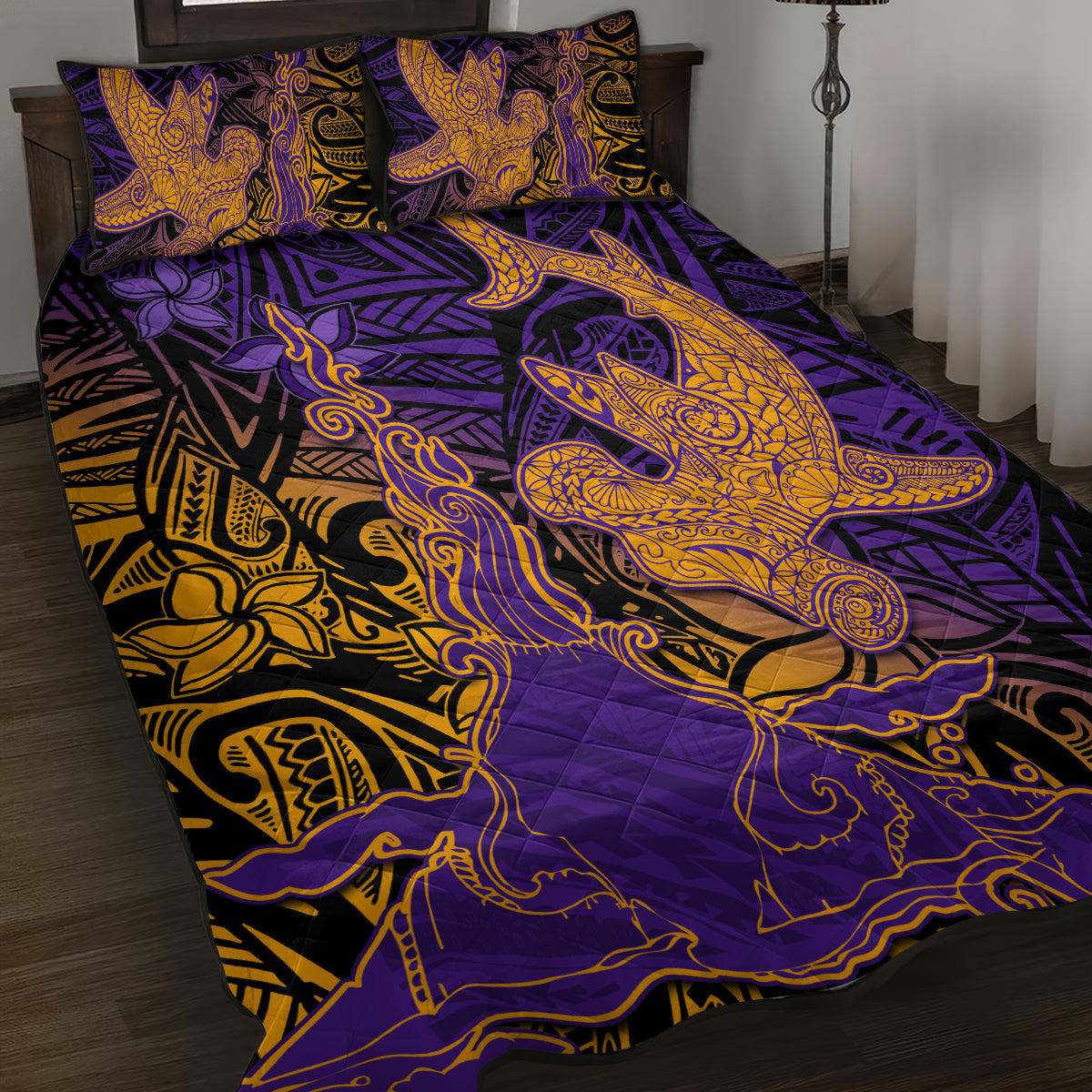 Hawaiian Volcano and Shark Quilt Bed Set Polynesian and Hibiscus Pattern Purple Yellow Gradient LT03 Purple - Polynesian Pride