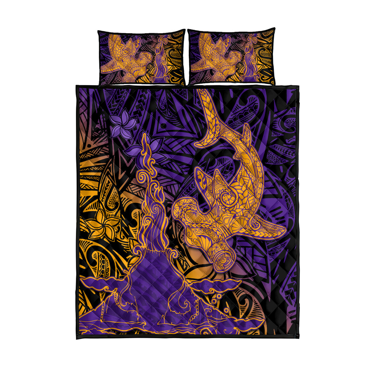 Hawaiian Volcano and Shark Quilt Bed Set Polynesian and Hibiscus Pattern Purple Yellow Gradient LT03 - Polynesian Pride