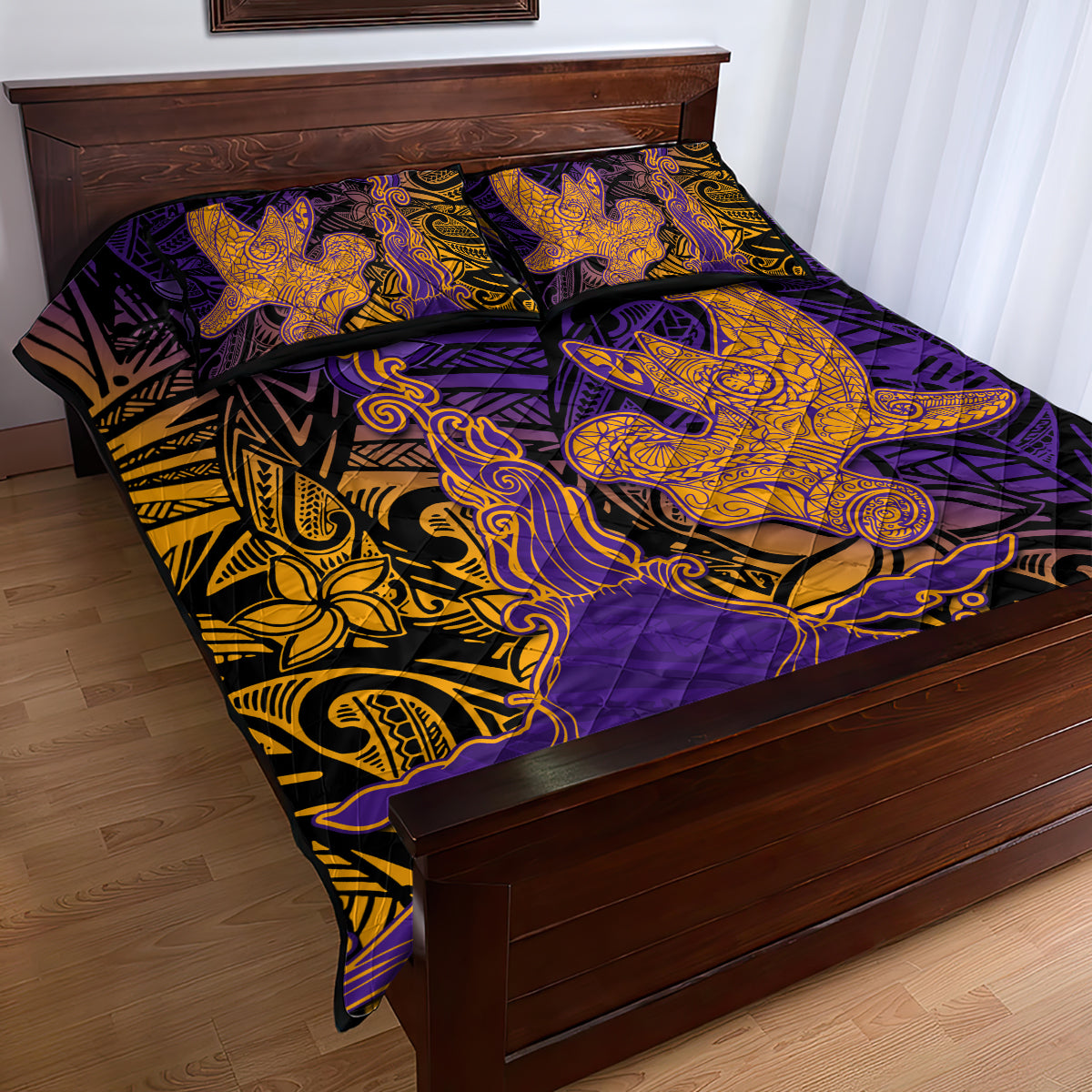 Hawaiian Volcano and Shark Quilt Bed Set Polynesian and Hibiscus Pattern Purple Yellow Gradient LT03 - Polynesian Pride
