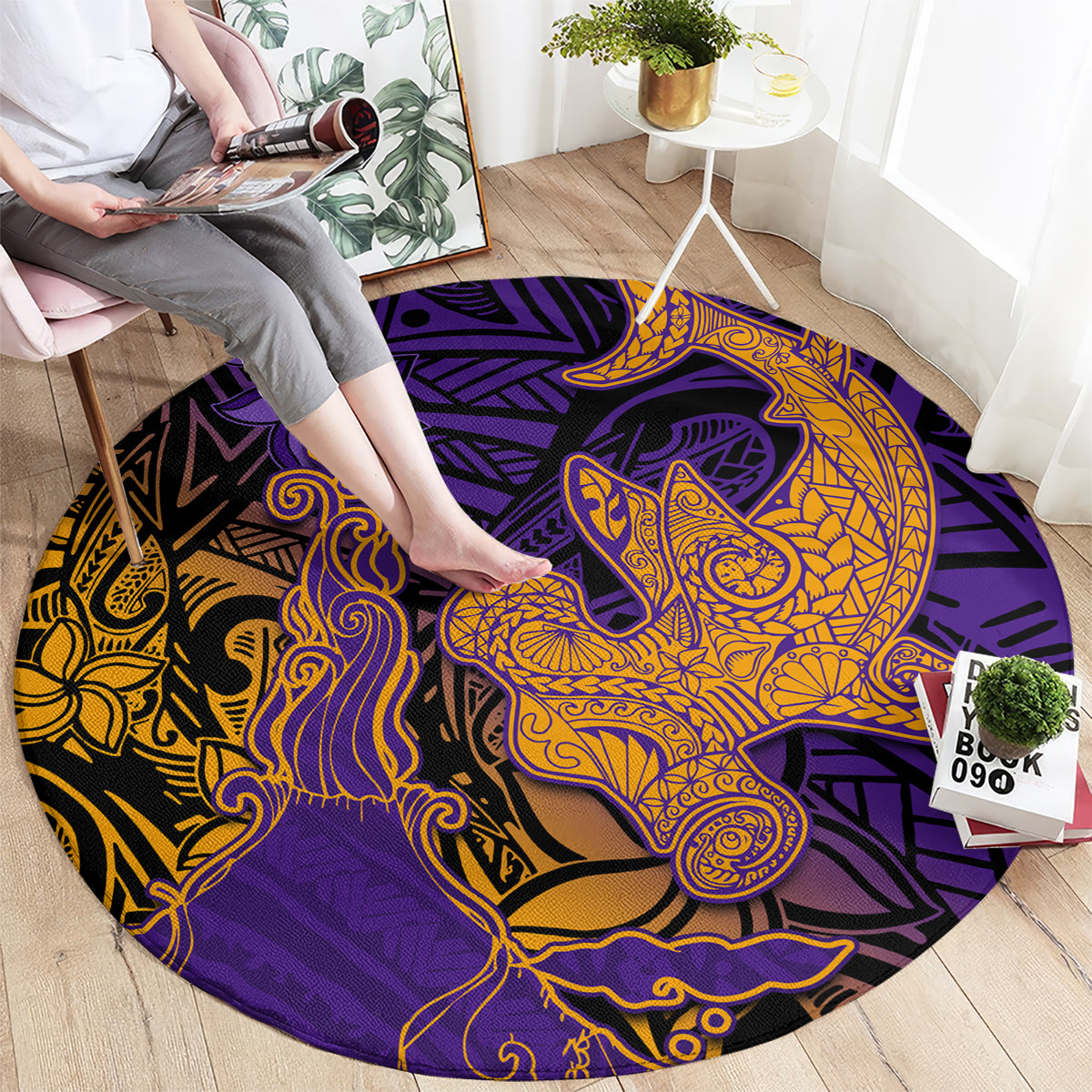 Hawaiian Volcano and Shark Round Carpet Polynesian and Hibiscus Pattern Purple Yellow Gradient LT03 - Polynesian Pride