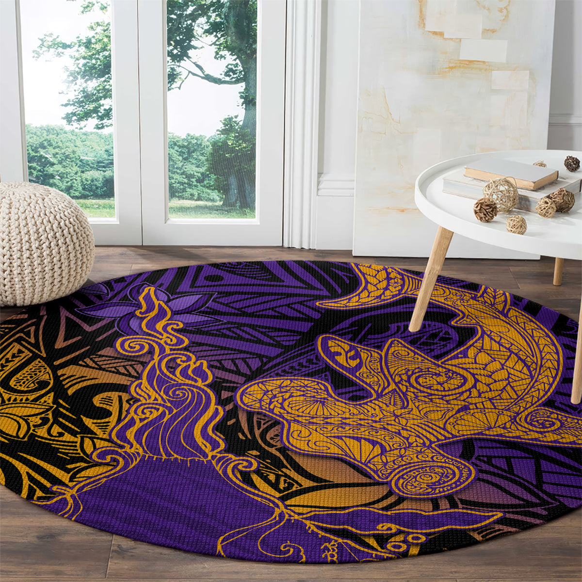 Hawaiian Volcano and Shark Round Carpet Polynesian and Hibiscus Pattern Purple Yellow Gradient LT03 - Polynesian Pride