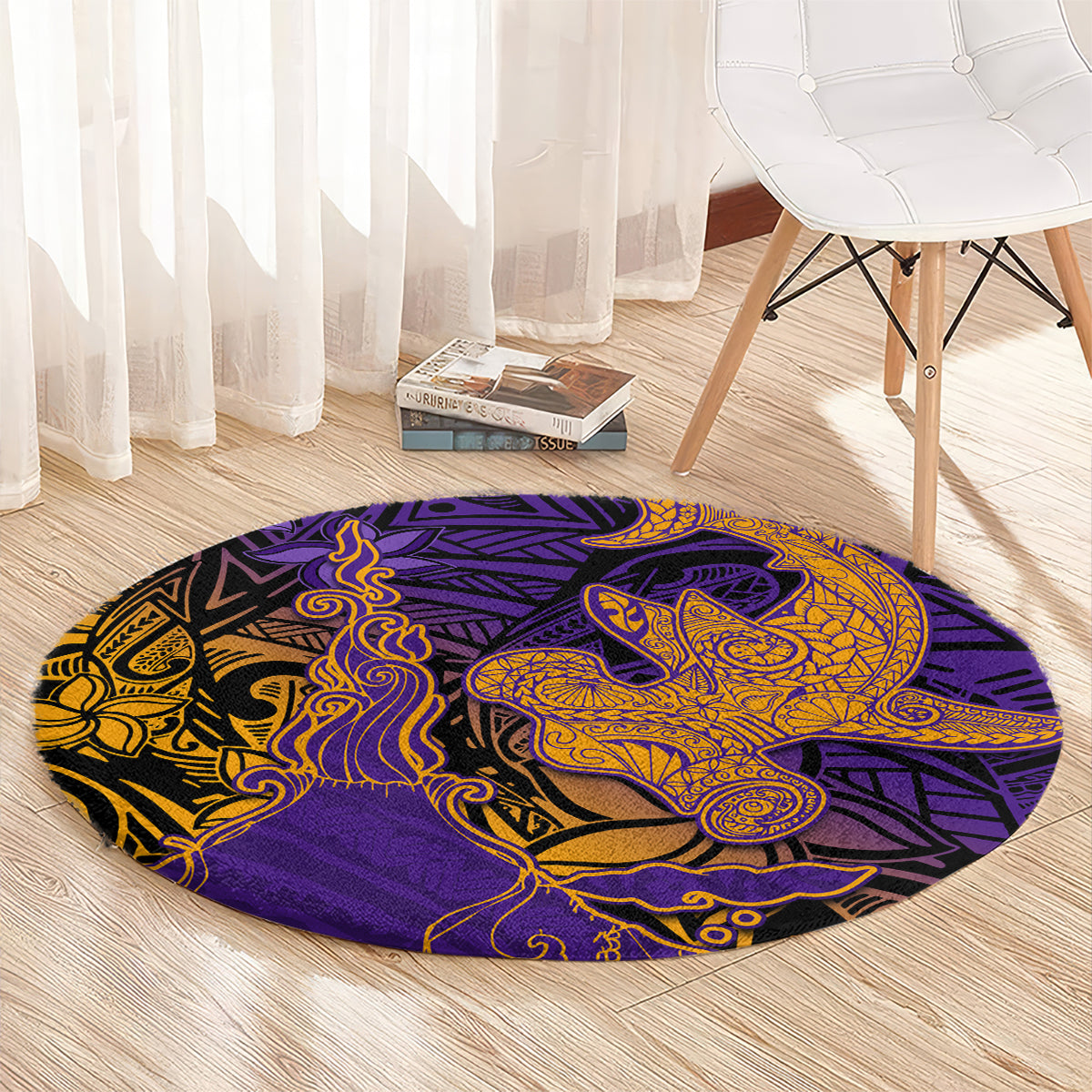 Hawaiian Volcano and Shark Round Carpet Polynesian and Hibiscus Pattern Purple Yellow Gradient LT03 - Polynesian Pride
