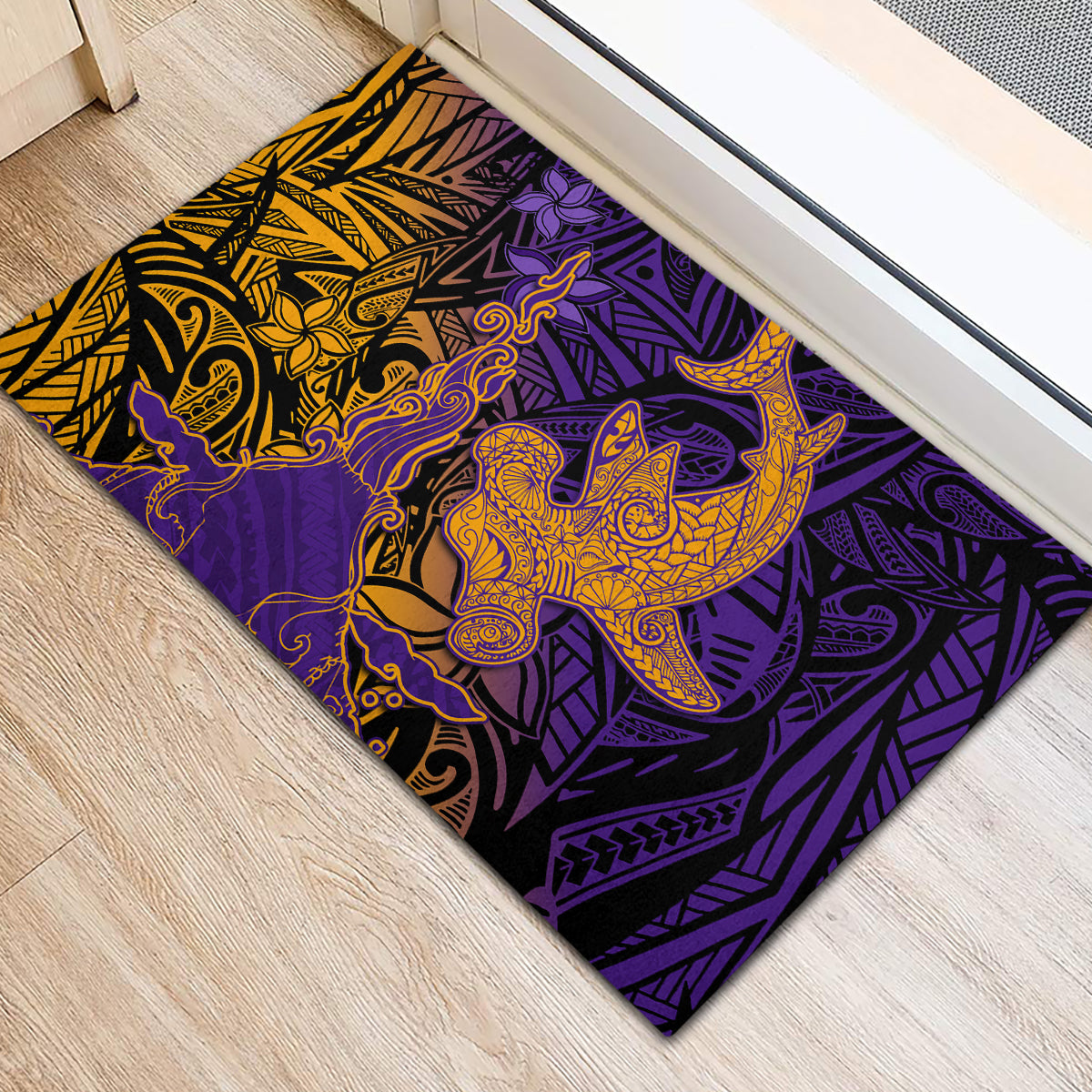 Hawaiian Volcano and Shark Rubber Doormat Polynesian and Hibiscus Pattern Purple Yellow Gradient