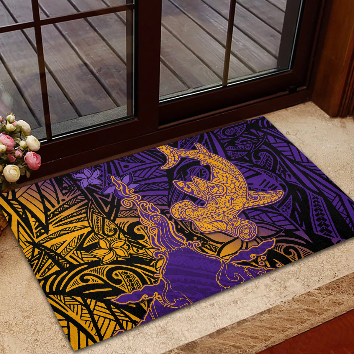 Hawaiian Volcano and Shark Rubber Doormat Polynesian and Hibiscus Pattern Purple Yellow Gradient