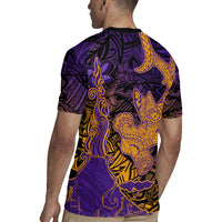 Hawaiian Volcano and Shark Rugby Jersey Polynesian and Hibiscus Pattern Purple Yellow Gradient
