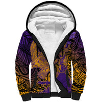Hawaiian Volcano and Shark Sherpa Hoodie Polynesian and Hibiscus Pattern Purple Yellow Gradient